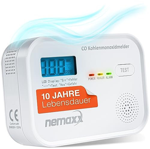 NEMAXX® Rilevatore di Monossido di Carbonio con Allarme Acustico e Visivo - Rilevatore di CO per Casa e Camper/Roulotte - Rilevatore di Monossido di Carbonio a Batteria