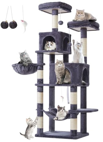 Taoqimiao 170cm Kratzbaum Groß，Katzenbaum Kratzbaum Grosse Katzen Stabil mit 2 Katzenhaus, Hängematte, Korb, 8 Kratzsäulen, 2 Große Plattform, MS013G, Rauchgrau