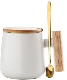 Tazza da caffè in ceramica da 350 ml, con coperchio in legno e cucchiaio dorato, tazza da tè al latte, per ufficio e casa, regalo divertente per gli amanti e Natale (bianco)