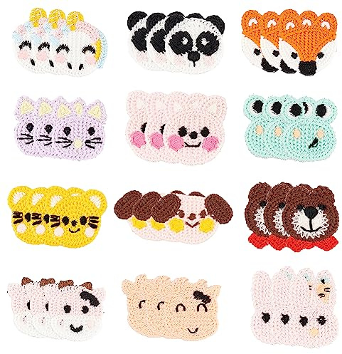 FINGERINSPIRE 36 Stück Tier Häkel Strick Hand Applikation Zum Aufnähen 12 Stile Cartoon Tierkopf Stoff Patch Kostüm (Maus/Kuh/Kaninchen/Frosch/Einhorn/Fuchs/Panda/Bär/Kuh/Hund)