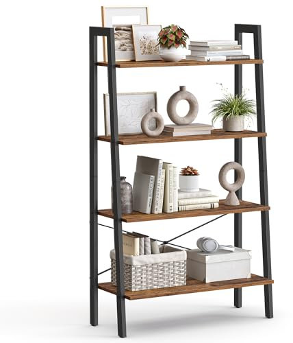VASAGLE Regal, Bücherregal mit 4 Ebenen, Leiterregal, Standregal, für Wohnzimmer, Schlafzimmer, Küche, Homeoffice, Industrie-Design, Stahlrahmen, vintagebraun-schwarz LLS144B01