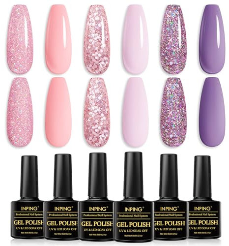 INPING Gel Nail Polish, 6 Colors Glitter Pink Purple UV Gel Polish Set, Pale Pink Baby Pink Nude Pink Sparky Diamond Nail Varnish Soak Off UV/LED for DIY Nail Art Salon, Valentine's Day