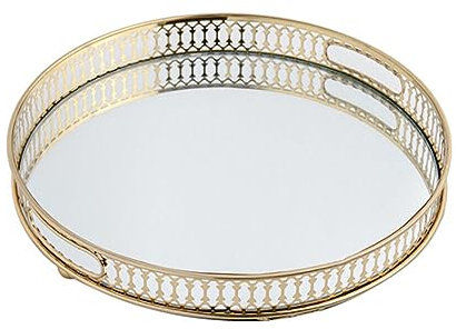 32cm Tablett Spiegeltablett Steine Metall Dekotablett Kerzen Lagerung Organizer,Gold,Round verspiegelte Tablett für Geburtstage, Hochzeiten, Muttertag