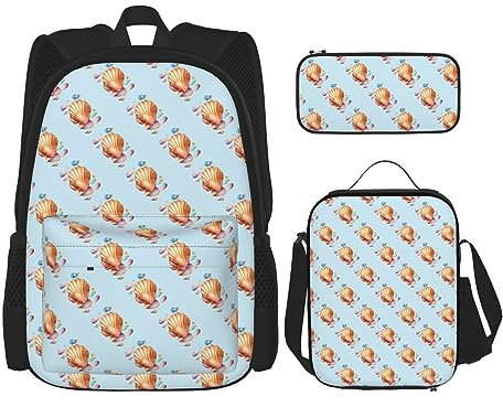 DOFFO Set di 3 zaini con stampa di conchiglie marine, zaino da viaggio per computer portatile per donne e uomini, borsa casual con borsa per il pranzo e astuccio per matite, nero, Taglia unica