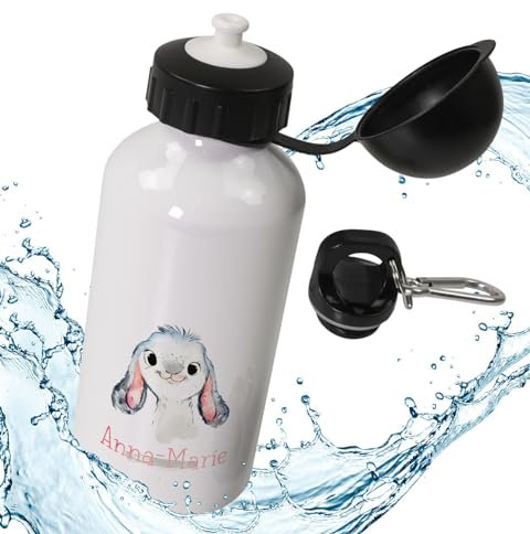 timalo® Aluminium Trinkflasche für Kinder personalisiert mit Namen | auslaufsichere Alu Sportflasche Kindergarten mit Tieren Geschenk für Jungen und Mädchen 400mLB3 | 01-Hase