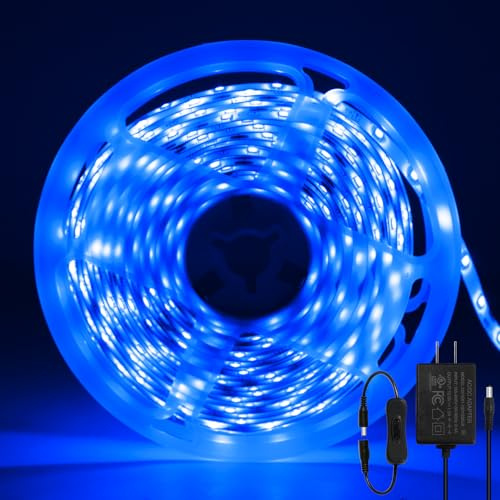 ShineBurky 12V LED Streifen Blau 5M LED Strip 300 LEDs Flexibel Schneidbar | SMD2835 IP65 Wasserdichtes Selbstklebend Lichtband für Innen Schlafzimmer Kneipen Küche Weihnachten Deko (mit Netzteil)