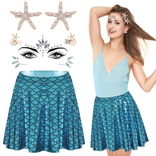 TOPJOWGA Damen Meerjungfrau Kostüm, Meerjungfrau Rock, Seestern Haarschmuck, Seestern Ohrringe, Meerjungfrau Glitzersteine Gesicht, Meerjungfrau Kostüm Halloween Karneval Mottoparty Cosplay