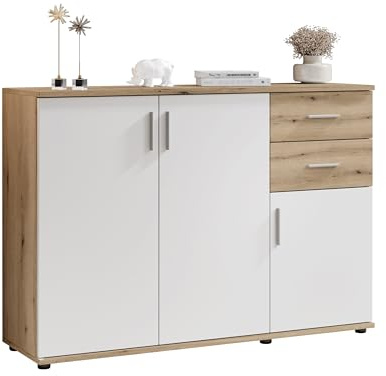 Kommode BC 1040 in weiß matt, Absetzung Eiche Rustikal Optik - Moderne Kommode mit viel Stauraum - 120 x 84 x 35 cm (B/H/T)