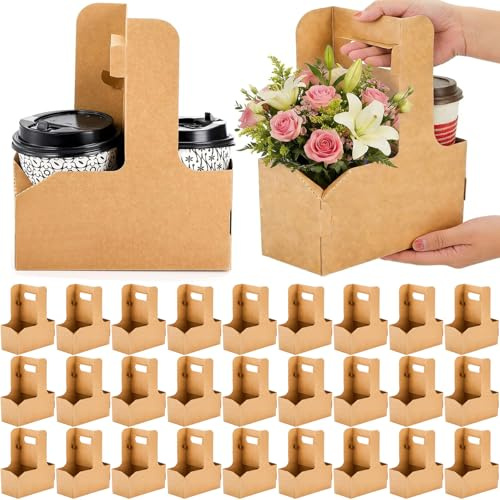 LAIAMER Lot de 50 porte-gobelets avec poignée, en carton kraft marron pour livraison, café, thé, cadeaux, fleurs, fêtes