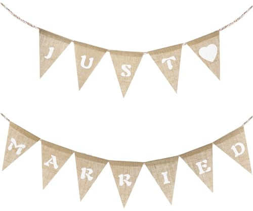 Andibro Just Married Sackleinen Banner, Hochzeit Ammer Banner Just Married Girlande Vintage Wimpelkette für Hochzeit Heiratsantrag Brautdusche Verlobung Party Auto Photo Props Dekoration