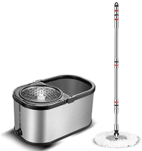 JUNYFFF Lavapavimenti Rotante con Secchio, Rotomop con 7 Testine in Microfibra, Spin Mop Professionale per Pulizia Pavimenti,Materiale Acciaio Inossidabile [Classe di Efficienza Energetica A],Argento