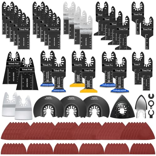 Trivd Frol 121 Pack Oscillating Saw Blades, Titanium Oscillating Tool Blades with Sandpaper, Multitool Blades for Wood Metal Plastics Cutting, Multi Tool Blades Kits Fit Bosch Dewalt Ryobi Milwaukee