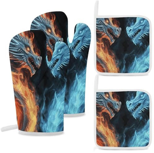 Ofenhandschuhe und Topflappen-Set, 4-teilig, hochhitzebeständig, Küchenhandschuhe und heiße Pads, Eis- und Feuerdrachen, Ofenhandschuhe, rutschfest, wasserdicht, Topflappen zum Backen, Kochen, Grillen