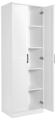 TANGZON Tall Kitchen Cupboard, 5-Tier Storage Cabinet with 2 Adjustable Shelves, Doors & Anti-tipping Device, Freestanding Wooden Tall Sideboard Unit for Pantry Dining Living Room (White)