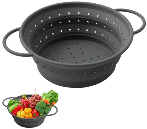 Faltbarer Seiher Sieb, 21,5 cm Waschschüssel für Gemüse, Abtropfsieb aus Silikon, Küchen Sieb, Faltbares Abtropfsieb, Aufbewahrung in der Küche, für Küche und Camping, Grau