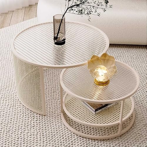 Couchtisch, Satztisch, rund, 2er-Set, Couchtisch aus Glas mit Ablagefläche, geflochtene Couchtische für das Wohnzimmer, moderner Couchtisch mit stabilen Metallbeinen für das Wohnzimmer, Schlafzimmer