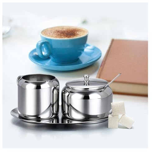 DARANCA Service à lait et sucre en acier inoxydable avec plateau – Service 3 pièces en argent poli – Idéal for la maison, le café et la cuisine – Comprend un pot à lait et un sucrier