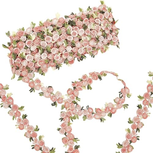 FENGCHUANG 5 Yards / 4.57 Meter Spitzenborte Blumen 20mm | Florale Spitzenborte Blumenband Rosa Dekoband Stickerei Blümchen Zierband für Nähen Handwerk Hochzeit Deko Geschenkbox