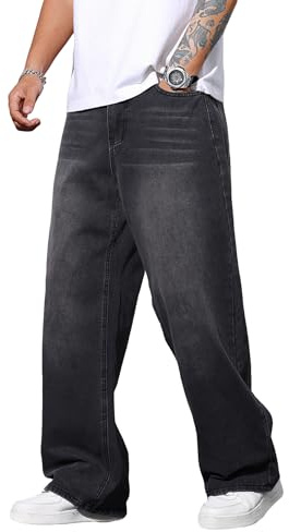 Zewool Herren Hip Hop Baggy Jeans Weite Beinform Streetwear Y2K Skater Jeans Lässige Lockere Denim-Hosen Skateboard Gerade Entspannte Passform Bewegungsfreiheit,E10 Schwarz,XL