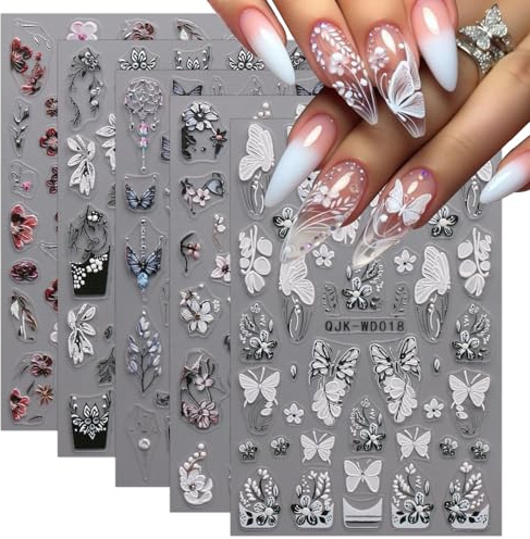 JMEOWIO Nagelsticker Schwarz Weiße Blume 6 Blatt Nail Art Sticker Selbstklebend Nagelaufkleber Frühling Sommer Floral Dekoration Nageldesign Zubehör