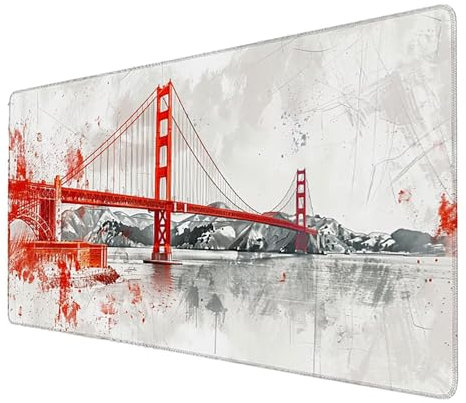 Alfombrilla Ratón, Alfombrilla Ratón XXL Gaming Tapete Escritorio Ordenador (1400x600x3mm) Protector Escritorio Alfombrilla, para Ratón Láser y Óptico (Puente Golden Gate) (Color Blanco) 3-S-M