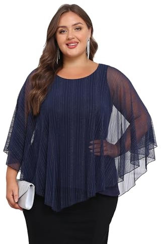 LapaPlus Übergrößen Damen Glänzender Silber Bluse für Abend Hochzeit Cape-Ärmel Oberteile Doppelschicht Netz Tunike Tops