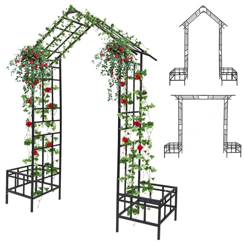 2.5M Garden Arch with Plant Boxes, Kalolary 2 Styles Adjustable Metal Heavy Duty Garden Arbor for Climbing Plant Wedding Trellis Archway Raised Bed Rose Vines Climbing Support for Lawn Patio Outdoor