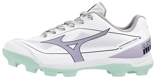 Mizuno Youth - Girls Cushionrevo Finch Jr. TPU Spike Softball Cleat, White-Lavender, US Youth - Girls 3.5