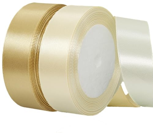 2 Rollen Satinband 20mm Breit, Geschenkband Beige und Gold Schleifenband Stoff Satinbänder für Blumensträuße, Geschenkverpackung, Weihnachten, Hochzeit und DIY Kunsthandwerk