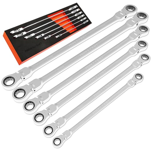 PRIDE&CRAFT 6-Piece Extra Long Flex Head Ratcheting Wrench Set - Metric Double Box End (8-19mm), CR-V Steel, 90-Tooth Ratchet Wrench for Automotive Repair, EVA Organizer