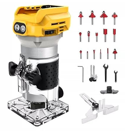 Kabelloser Power-Router kompatibel mit Dewalt 20-V-Akku, 1300 W bürstenloser Handfräsen, Holzschneider mit 6 Geschwindigkeiten, Führungsrad, gerader Führung, 15 Fräs-Bits und 2 Schraubenschlüsseln