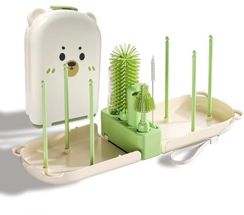 VIRAHYEM Baby Bottle Brush Set, Silicone Bottle Cleaning Brush | Bottle Brush with Nipple & Straw Cleaner, Soap Dispenser, Drying Rack, Portable Newborn Feeding Essentials for Home & Travel