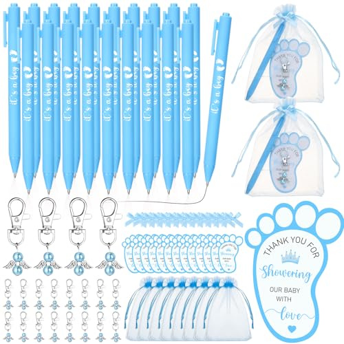 CCCYMM 20 Set Baby Shower Favours for Guests (Blue) | Includes Ballpoint Pen Angel Keychain Organza Bag Bow Thank You Card Baby Shower Return Gift Gender Reveal Party Game Prizes