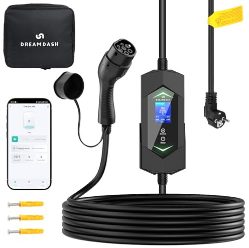 Chargeur Voiture Electrique 3,7kW +APP, Type 2 Prise Domestique, câble 7 m, 6-16 A 1-12 h réglable, écran LED, IP65, Travail -30 °C à 50 °C, IEC 62196-2. Portable pour BEV et PHEV