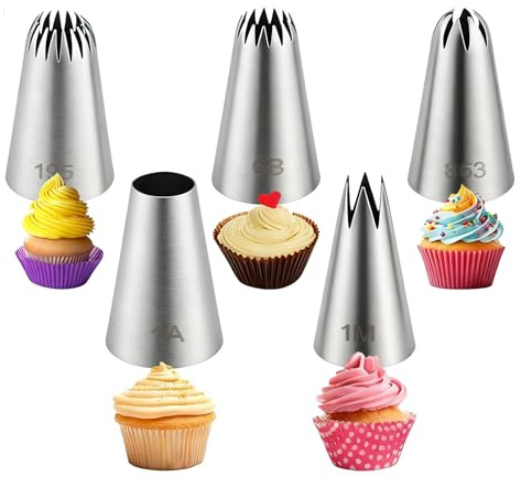 5pcs Torte Ugelli per Sac a Poche,Bocchette Decorative per Dasticceria (1A,1M,6B,853,195) per Sac à Pochette,Decorazione Torte,Cupcake,Biscotti e Dessert