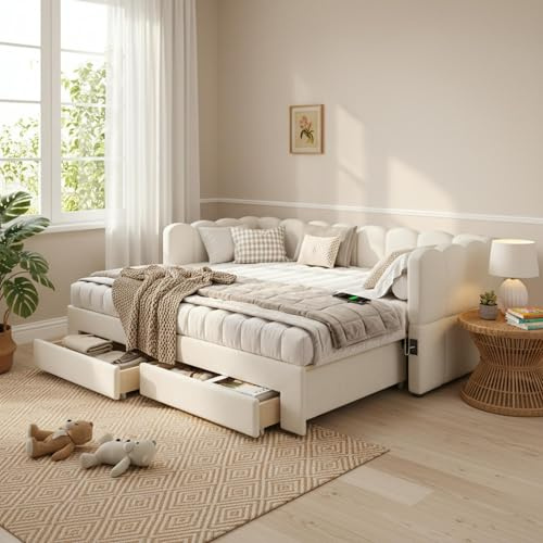 Daybed with Pull out Trundle Bed & Storage Drawers, 3ft Upholstered Single Bed Frame with Charging Station, Multifunctional Linen Sofa Bed Guest Beds for Adults Chidren Teenagers, Beige, No Mattress