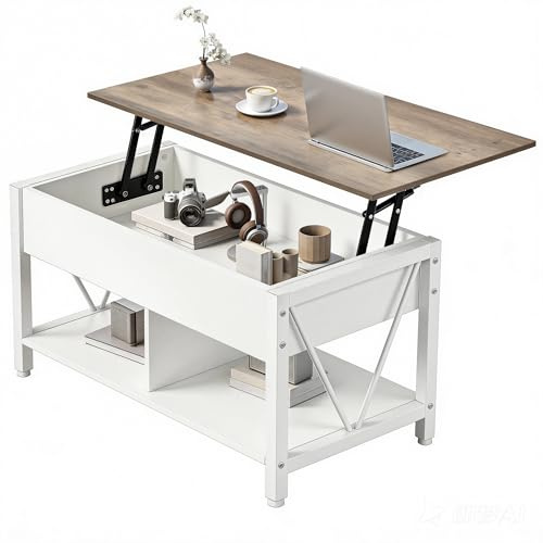 YITAHOME Tavolino Regolabile Design Industriale con Ripiano Nascosto, Tavolo Multifunzionale da Salotto con Sollevamento Assistito, Ideale come Tavolo da Lavoro o da Pranzo, Bianco e Grigio