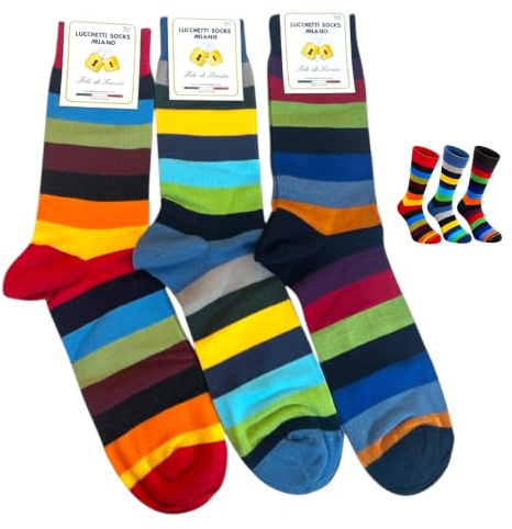 Lucchetti Socks Milano Herrstrumpor kort tråd av skottland mönstrad bomull färgglada prickar ränder roliga mönster tillverkade i Italien 3 par, Party Socks-set, 41-45 EU
