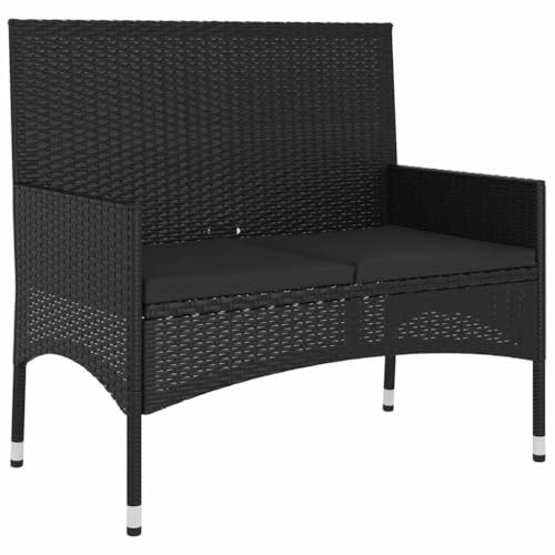 Foknhdi 2-Sitzer Gartenbank 90x51x85 cm Schwarz Poly Rattan Sitzbank mit 3 cm Kissen, pulverbeschichtetem Stahlrahmen, Modernes Design & Robustheit für Garten Balkon und Terrasse