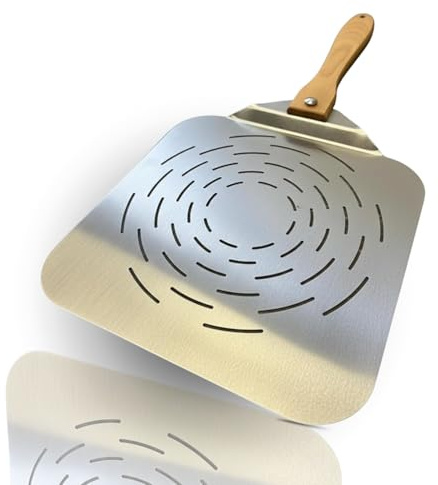 INOXLM Pala per pizza forata in acciaio inox manico pieghevole in faggio 33,5x30,5 cm, Pala per pizza corta, leggera e salvaspazio, ideale per forno domestico - Made in Italy
