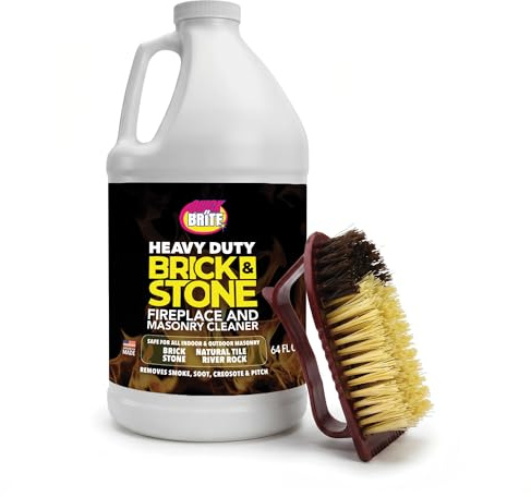 Quick 'n Brite Fireplace Brick and Stone Cleaner 64oz - Natural Stone, Tile, and Marble Cleaner with Scrub Brush - Indoor Fireplace and Wood Stove Cleaning Kit - Pellet Stove Creosote Remover
