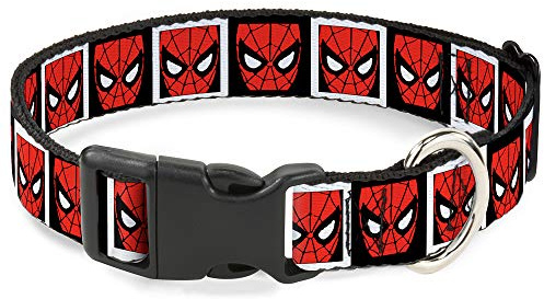 Buckle-Down Hundehalsband, Kunststoffclip, Spider-Man-Gesicht, schwarz-weiße Blöcke, Mehrfarbig, 1,27 cm breit, passend für Halsumfang von 20,3–30,5 cm, Größe M (PC-WSPD021-NM)