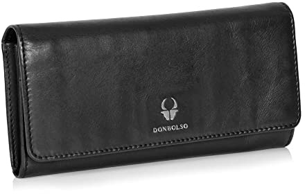 DONBOLSO Geldbörse Damen Florenz - Portemonnaie Damen Leder - RFID-Schutz - gewaschenes Echtleder - 10x20 cm - 15 Kartenfächer - Münzfach - YKK-Reißverschluss - Vintage Design - Schwarz