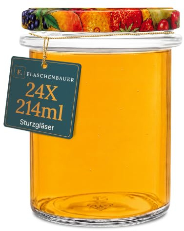 Flaschenbauer - 24er Set Sturzgläser 214ml - Einmachgläser mit Deckel TO66, Marmeladengläser, Schraubgläser, Joghurtgläser, Sturzgläser zur Aufbewahrung, Twist-Off-Deckel - Made in Germany (Obstdekor)
