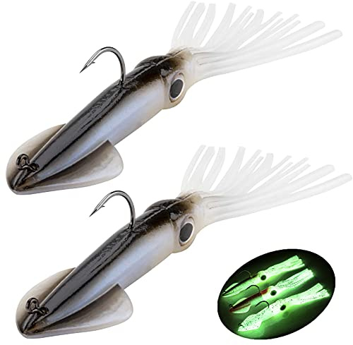 Fishing Squid Lures Kit Pre-rigged Squid Lure Glow In the Dark Squid Jig Octopus Artificial Bait Saltwater Sea Fishing Lures Sinking Lure 35g 2Pcs (D -2Pcs)