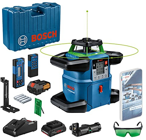 Bosch Professional 18V System laser rotatif GRL 650 CHVG (laser vert, mises à niveau extérieures, 1 batterie 18 V 4,0 Ah + chargeur, avec application dédiée, portée : jusqu’à 650 m, dans coffret)