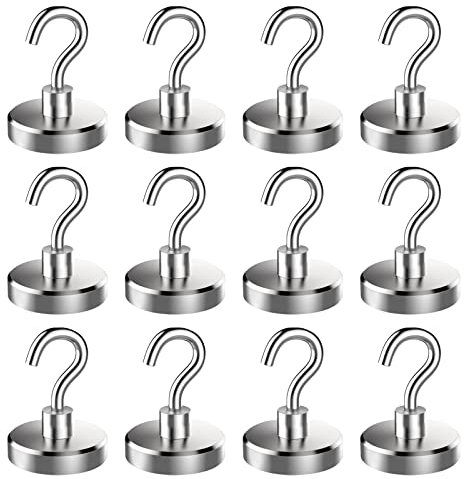 VEGCOO 12 Pack Magnetic Hooks, 12KG(26.5LBS) Super Strong Magnet Hook Small Magnetic Hanger, Heavy Duty Cruise Hook for Home School Office Kitchen Door Holder Key Refrigerators Grill