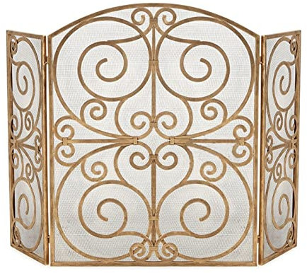 Decorative Fireplace Fireplace Screen 3 Metal Panel Wrought Iron Carved Hollow Fire Screen Mesh Indoor Large Spark Screen Home Decoration Accessories Fireplace Covers Decorative ( Color : Gold )