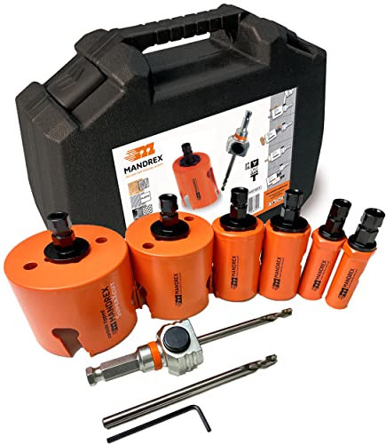 Mandrex | Lochsägen Set MHSE1001R SuperXcut 10-teilig Hartmetallzähne mit 60 mm Schnitttiefe für Holz, MDF & Stuck | Ø 19-83 mm