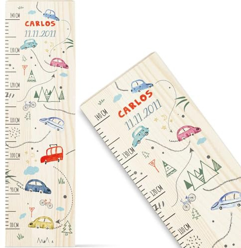 GRAVURZEILE Messlatte für Kinder aus Holz - Autokarte Design - mit Namen für Kinderzimmer - Skala misst 80-140 cm - Größe 20 x 70 x 2 cm - Geschenk zur Geburt für Mädchen & Jungen